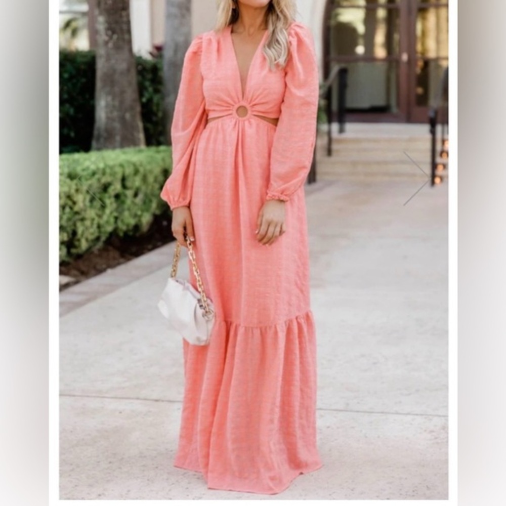 Pink Lily Coral Pink Long Sleeve Maxi Dress with Ring Detail